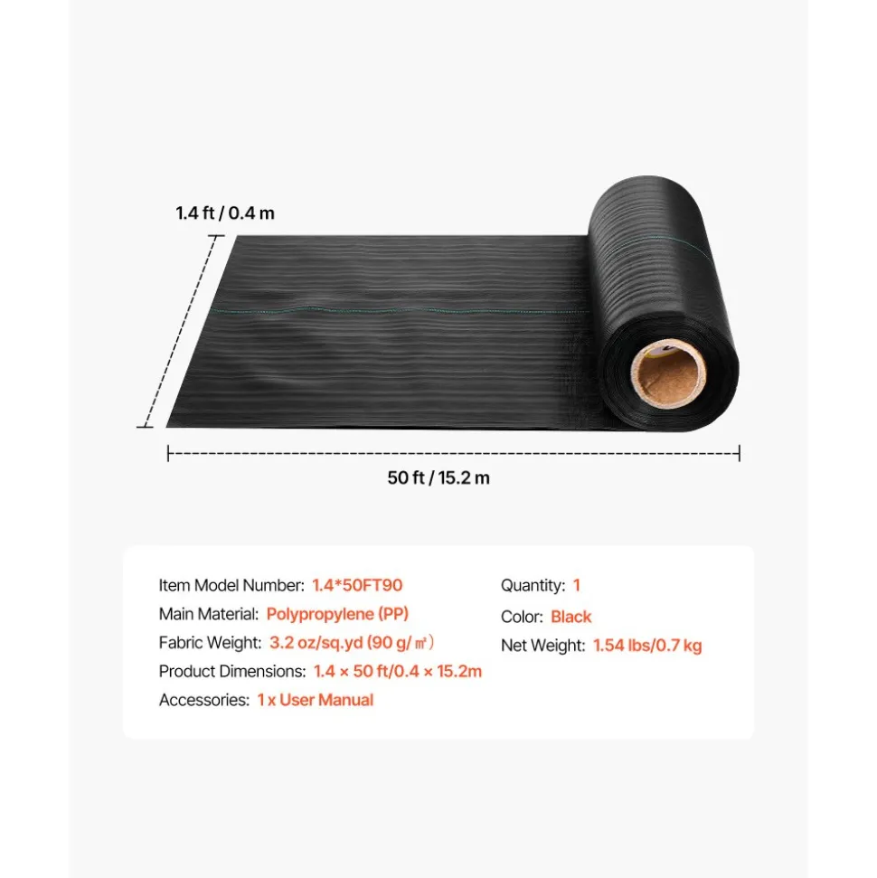 VEVOR Weed Barrier Fabric Heavy Duty, 1.4x50FT 3.2oz Landscape Fabric, Woven Weed Blocker Fabrics, Garden Fabrics Weeds Barrier, Weeds Control Ground Cover, Geotextile Webbing, Gardening Mat, Black