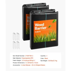VEVOR Weed Barrier Fabric Heavy Duty, 2 Packs 3x50FT 3.2oz Weed Blocker Fabric, Woven Landscape Fabrics, Garden Fabrics Weeds Barrier, Weeds Control Ground Cover, Geotextile Webbing, Black