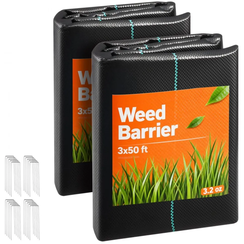 VEVOR Weed Barrier Fabric Heavy Duty, 2 Packs 3x50FT 3.2oz Weed Blocker Fabric, Woven Landscape Fabrics, Garden Fabrics Weeds Barrier, Weeds Control Ground Cover, Geotextile Webbing, Black