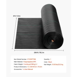 VEVOR Weed Barrier Fabric Heavy Duty, 6x250FT 5oz Landscape Fabric, Woven Weed Blocker Fabrics, Garden Fabrics Weeds Barrier, Weeds Control Ground Cover, Geotextile Webbing, Gardening Mat, Black
