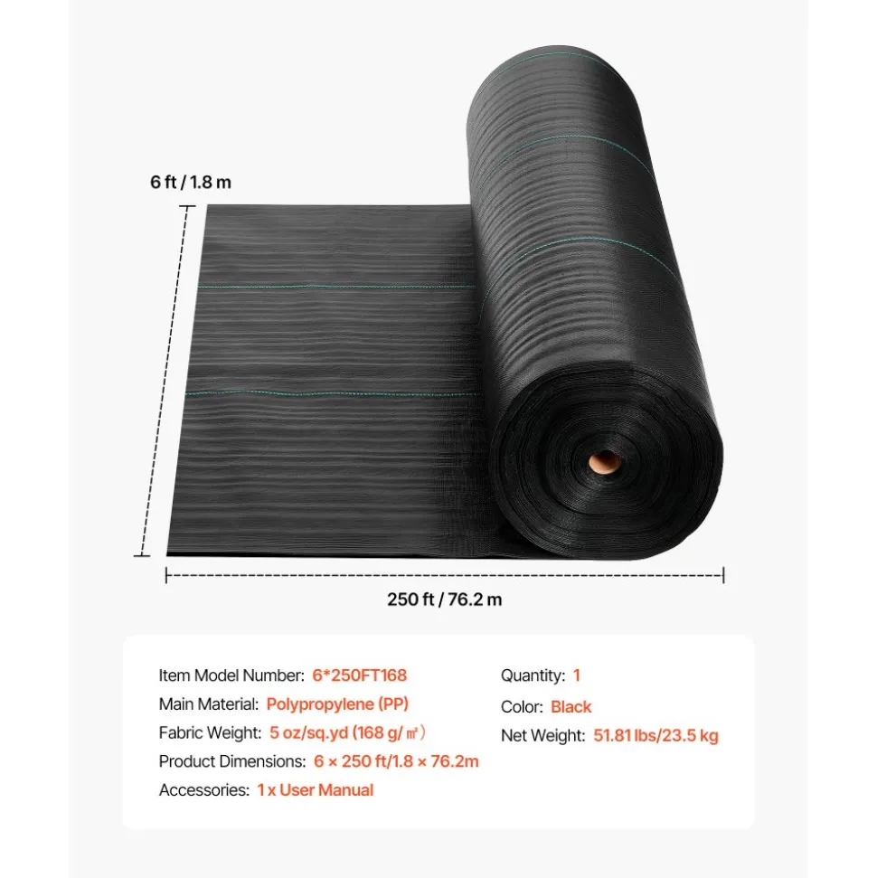 VEVOR Weed Barrier Fabric Heavy Duty, 6x250FT 5oz Landscape Fabric, Woven Weed Blocker Fabrics, Garden Fabrics Weeds Barrier, Weeds Control Ground Cover, Geotextile Webbing, Gardening Mat, Black