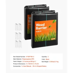 VEVOR Weed Barrier Fabric Heavy Duty, 2 Packs 4x50FT 3.2oz Weed Blocker Fabric, Woven Landscape Fabrics, Garden Fabrics Weeds Barrier, Weeds Control Ground Cover, Geotextile Webbing, Black