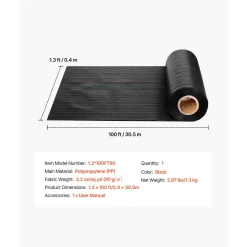 VEVOR Weed Barrier Fabric Heavy Duty, 1.3x100FT 3.2oz Landscape Fabric, Woven Weed Blocker Fabrics, Garden Fabrics Weeds Barrier, Weeds Control Ground Cover, Geotextile Webbing, Gardening Mat, Black