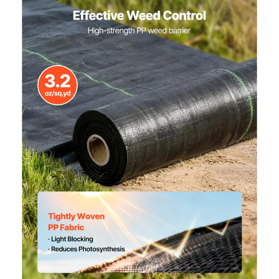 VEVOR Weed Barrier Fabric Heavy Duty, 1.3x100FT 3.2oz Landscape Fabric, Woven Weed Blocker Fabrics, Garden Fabrics Weeds Barrier, Weeds Control Ground Cover, Geotextile Webbing, Gardening Mat, Black