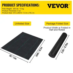 VEVOR Weed Barrier Landscape Fabric, 5 x 250 ft, 5 Oz Premium Woven Ground Cover Heavy Duty PP Material & Easy Setup, Single-Layer for Outdoor Garden, Lawn, Driveway, Black