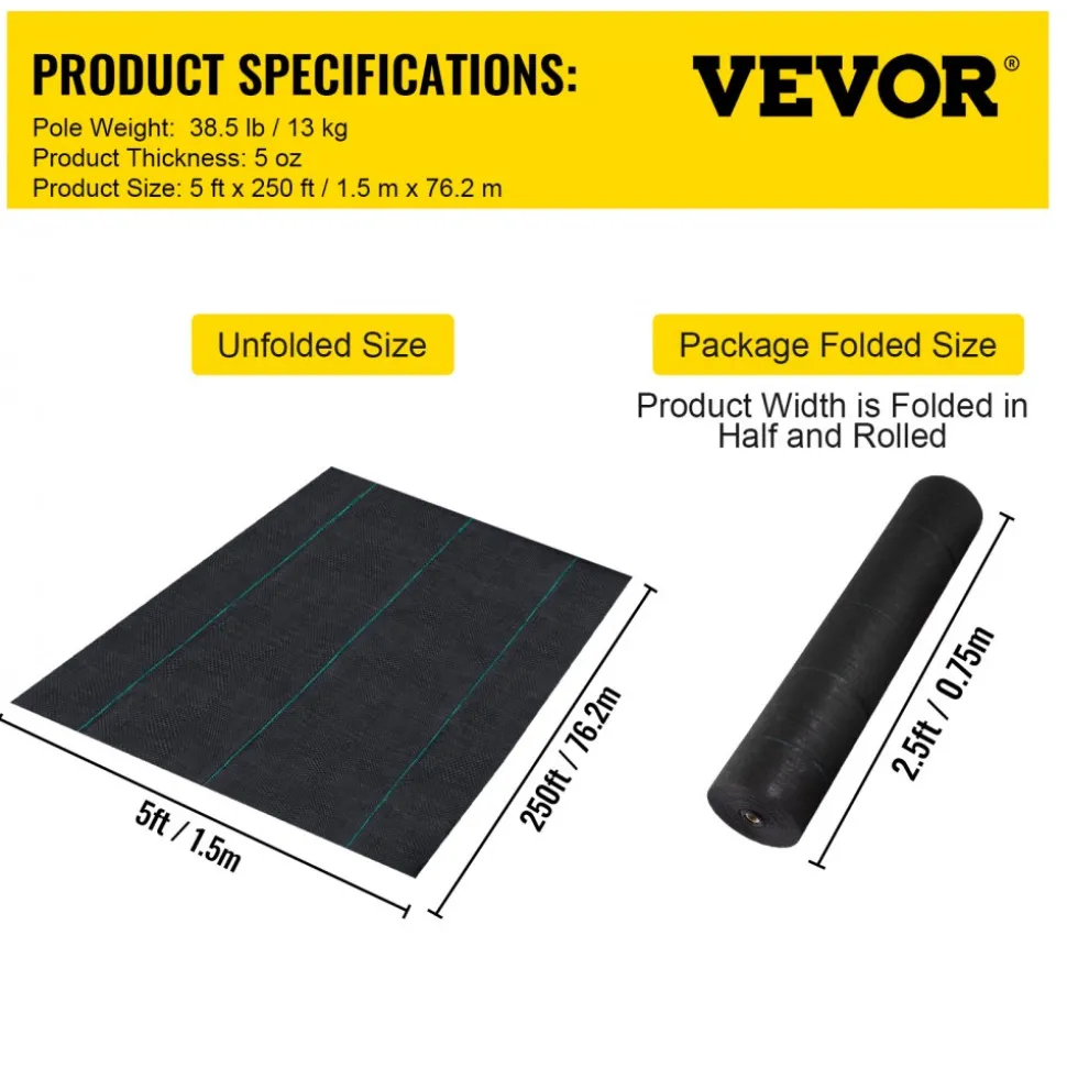 VEVOR Weed Barrier Landscape Fabric, 5 x 250 ft, 5 Oz Premium Woven Ground Cover Heavy Duty PP Material & Easy Setup, Single-Layer for Outdoor Garden, Lawn, Driveway, Black
