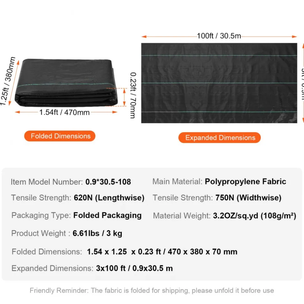 VEVOR Weed Barrier Landscape Fabric, 3*100FT Heavy Duty Garden Weed Fabric, Woven PP Weed Control Fabric, Driveway Fabric, Geotextile Fabric for Landscaping, Ground Cover, Weed Blocker Weed Mat, Black