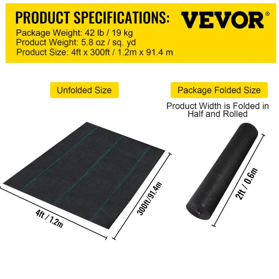 VEVOR Weed Barrier, 5.8oz Landscape Fabric, 4ft x 300ft Cover Mat Heavy Duty Woven Grass Control Geotextile for Garden, Patio, Black