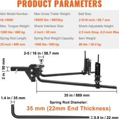 VEVOR Weight Distribution Hitch, 1,500 lbs Weight Distributing Hitches Kit with Sway Control for Trailer, 2-In Solid Steel Shank, 2-5/16 in Alloy Steel Ball, Powder Coated Load Leveling Hitch, Black