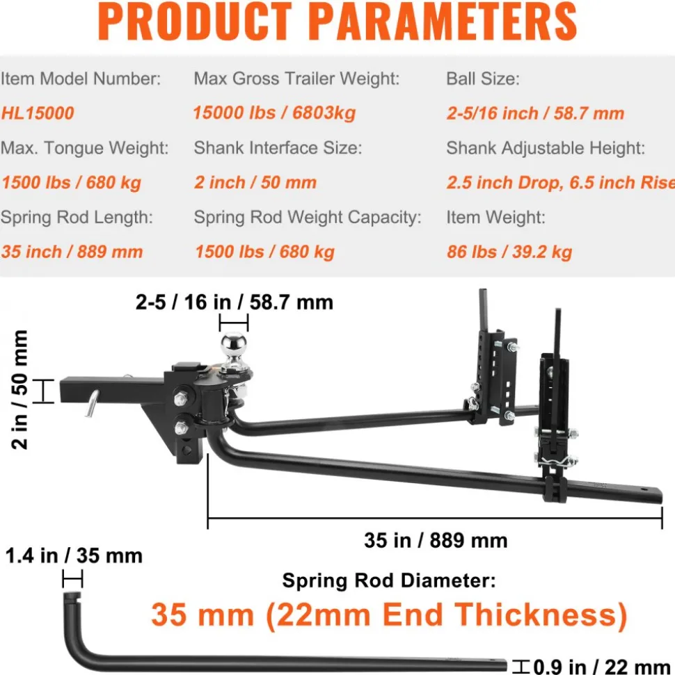 VEVOR Weight Distribution Hitch, 1,500 lbs Weight Distributing Hitches Kit with Sway Control for Trailer, 2-In Solid Steel Shank, 2-5/16 in Alloy Steel Ball, Powder Coated Load Leveling Hitch, Black
