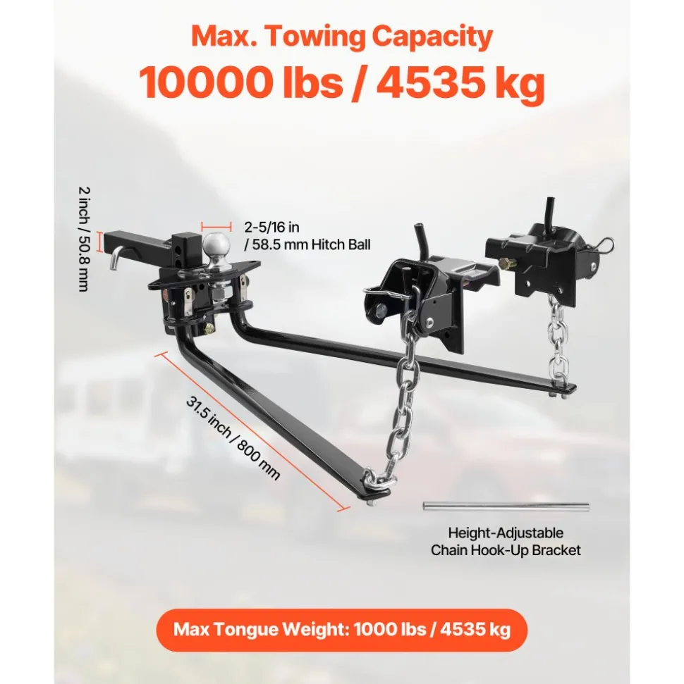 VEVOR Weight Distribution Hitch, 10000 lbs Max Towing & 1000 lbs Max Tongue, Weight Distributing Hitches Kit Includes 2 in Shank and 2-5/16 in Ball, Load Leveling Hitch for Trailers, Black