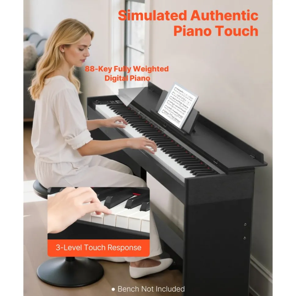 VEVOR Weighted Digital Piano, 88 Keys Fully Weighted, Electric Piano Keyboard with Furniture Stand, Power Adapter, Triple Pedal, 680 Tones, Support Wireless Connection, with Headphones, for Beginners