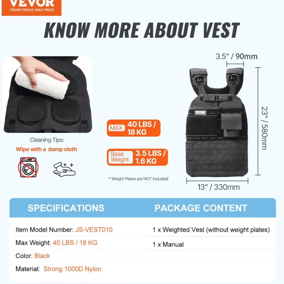 VEVOR Weighted Vest, 40lb Weight Vest, Adjustable Body Weight Jacket for Men Women, Workout Equipment for Strength and Endurance Training, Running, Jogging, Walking, Fitness, and Weight Loss