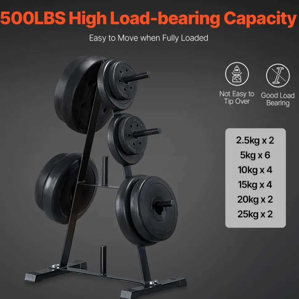 VEVOR Weight Plate Rack, A Frame Weight Plate Tree for 1-Inch Weight Plates, Standard Weight Plate Tree, 500 lbs Load Capacity Weight Storage Holder, Home Gym Barbell Rack Storage Stand, Black