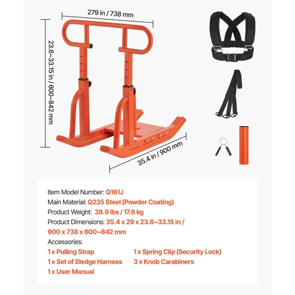 VEVOR Weight Sled, Steel Power Sled, Fitness Training Sleds for Athletic Exercise Speed Improvement, Workout Equipment with Adjustable Height Handle, Compatible with 1/2 in Weight Plates, Orange
