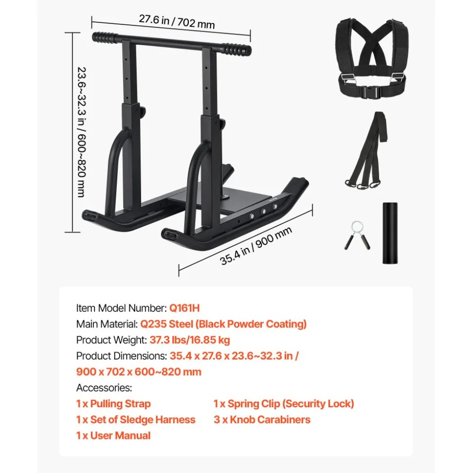 VEVOR Weight Sled, Steel Power Sled, Fitness Training Sleds for Athletic Exercise Speed Improvement, Workout Equipment with Adjustable Height Handle, Compatible with 1/2 in Weight Plates, Black