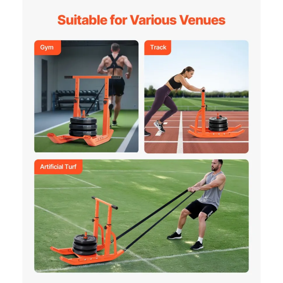 VEVOR Weight Sled, Steel Power Sled, Fitness Training Sleds for Athletic Exercise Speed Improvement, Workout Equipment with Adjustable Height Handle, Compatible with 1/2 in Weight Plates, Orange