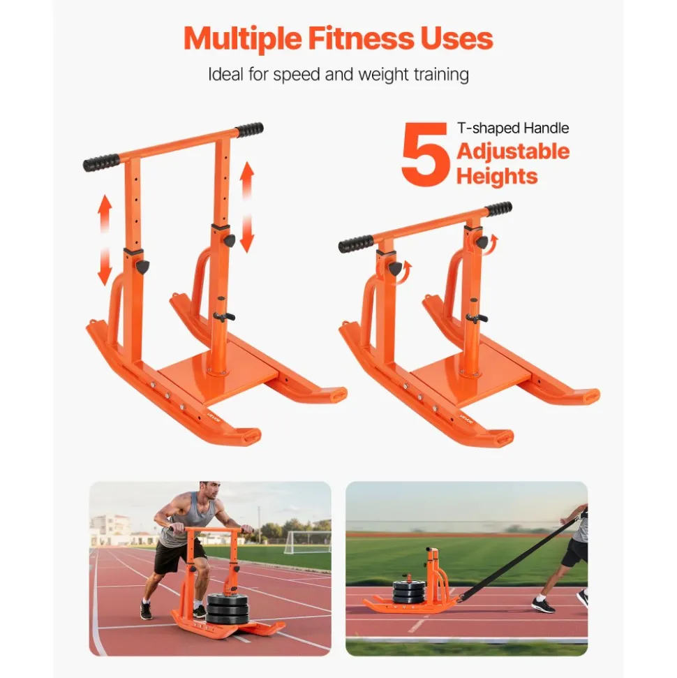 VEVOR Weight Sled, Steel Power Sled, Fitness Training Sleds for Athletic Exercise Speed Improvement, Workout Equipment with Adjustable Height Handle, Compatible with 1/2 in Weight Plates, Orange