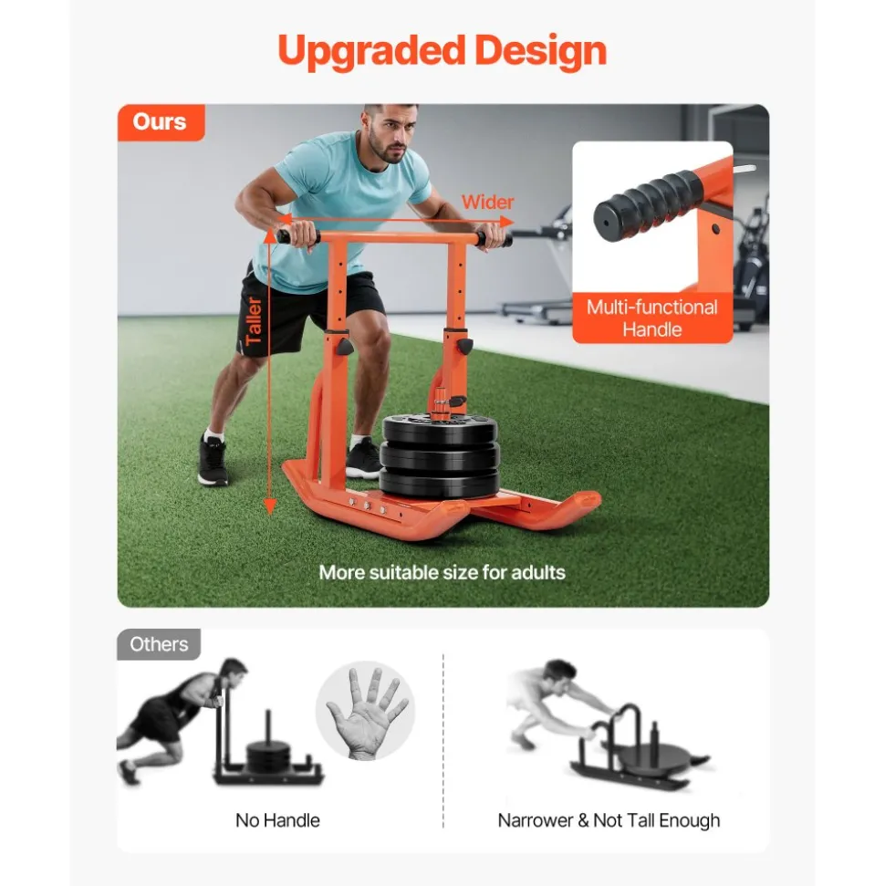 VEVOR Weight Sled, Steel Power Sled, Fitness Training Sleds for Athletic Exercise Speed Improvement, Workout Equipment with Adjustable Height Handle, Compatible with 1/2 in Weight Plates, Orange