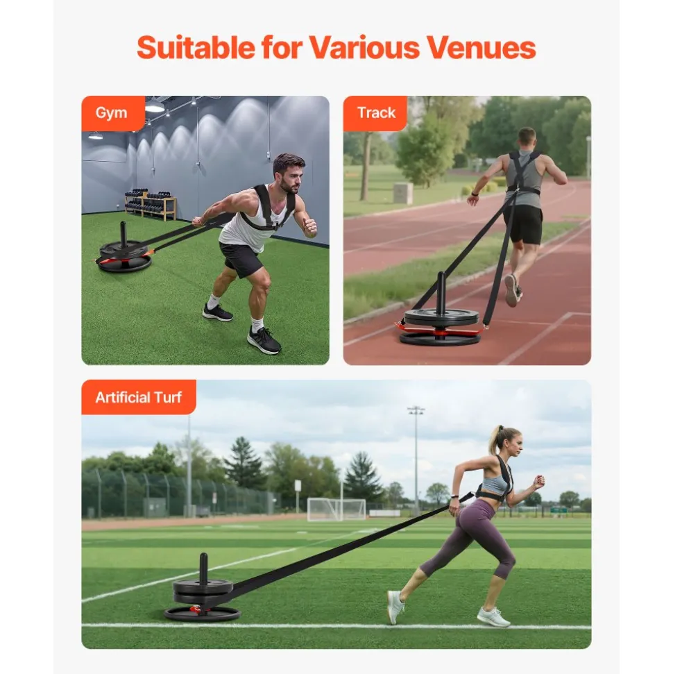 VEVOR Weight Sled, Steel Power Sled, Fitness Strength Training Sleds for Athletic Exercise Speed Improvement, Workout Fitness Equipment with Harness, Compatible with 2 in Weight Plate, Orange & Black