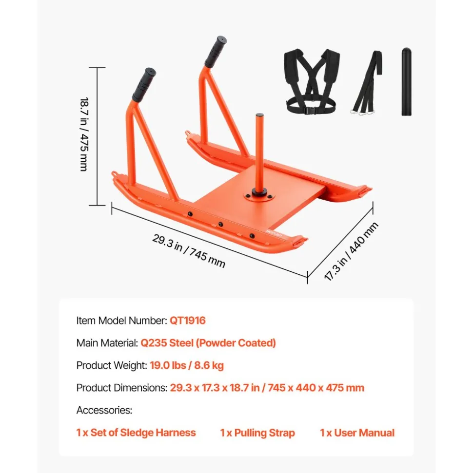 VEVOR Weight Sled, Steel Power Sled, Fitness Strength Training Sleds for Athletic Exercise Speed Improvement, Workout Fitness Equipment with Handle, Compatible with 1/2 in Weight Plates, Orange