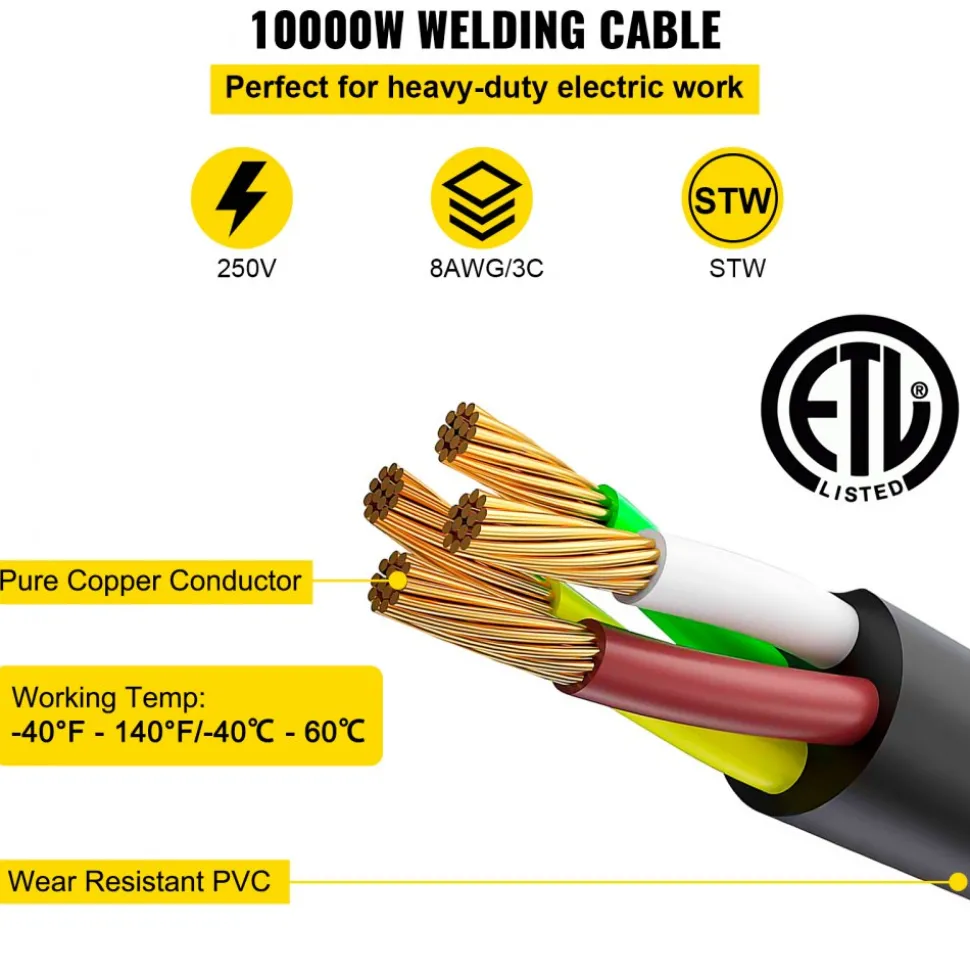 VEVOR Welder Extension Cord 40Amp 25ft 250V, Welding Power Cord with NEMA 6-50 Plug 8 Gauge 3 Prong for MIG,Lincoln,Plasma,Miller,TIG