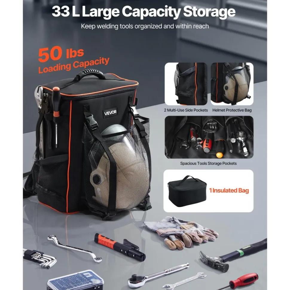 VEVOR Welding Backpack, 33L Welder Backpack with Insulated Bag & Helmet Bag, 600D Polyester Extreme Gear Pack for Tools and Helmet, Multi-Purpose Gear Storage Bag for Welding, Outdoor Camping, Hiking