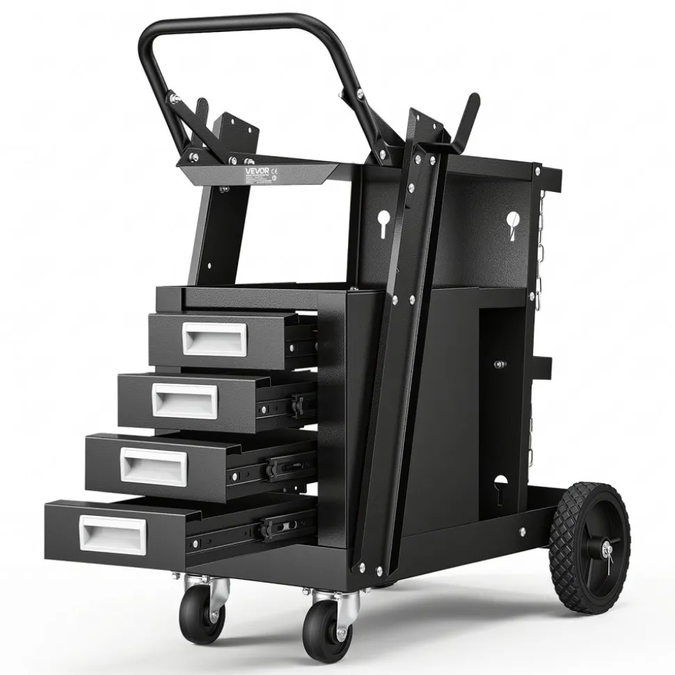 VEVOR Welding Cart, 2-Tier 4 Drawers Welder Cart with 265 LBS Weight Capacity, 360° Swivel Wheels, Tank Storage Safety Chains, Heavy Duty Rolling MIG Welder Cart for Mig Welder and Plasma Cutter