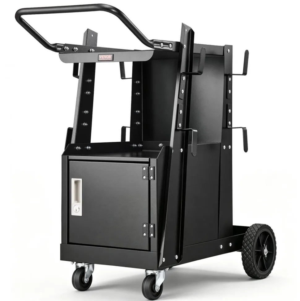 VEVOR Welding Cart, 2-Tier Heavy Duty Welder Cart with Anti-Theft Lockable Cabinet, 265LBS Weight Capacity, 360° Swivel Wheels, Tank Storage Safety Chains, Welding Cabinet for TIG, ARC, Plasma Cutter