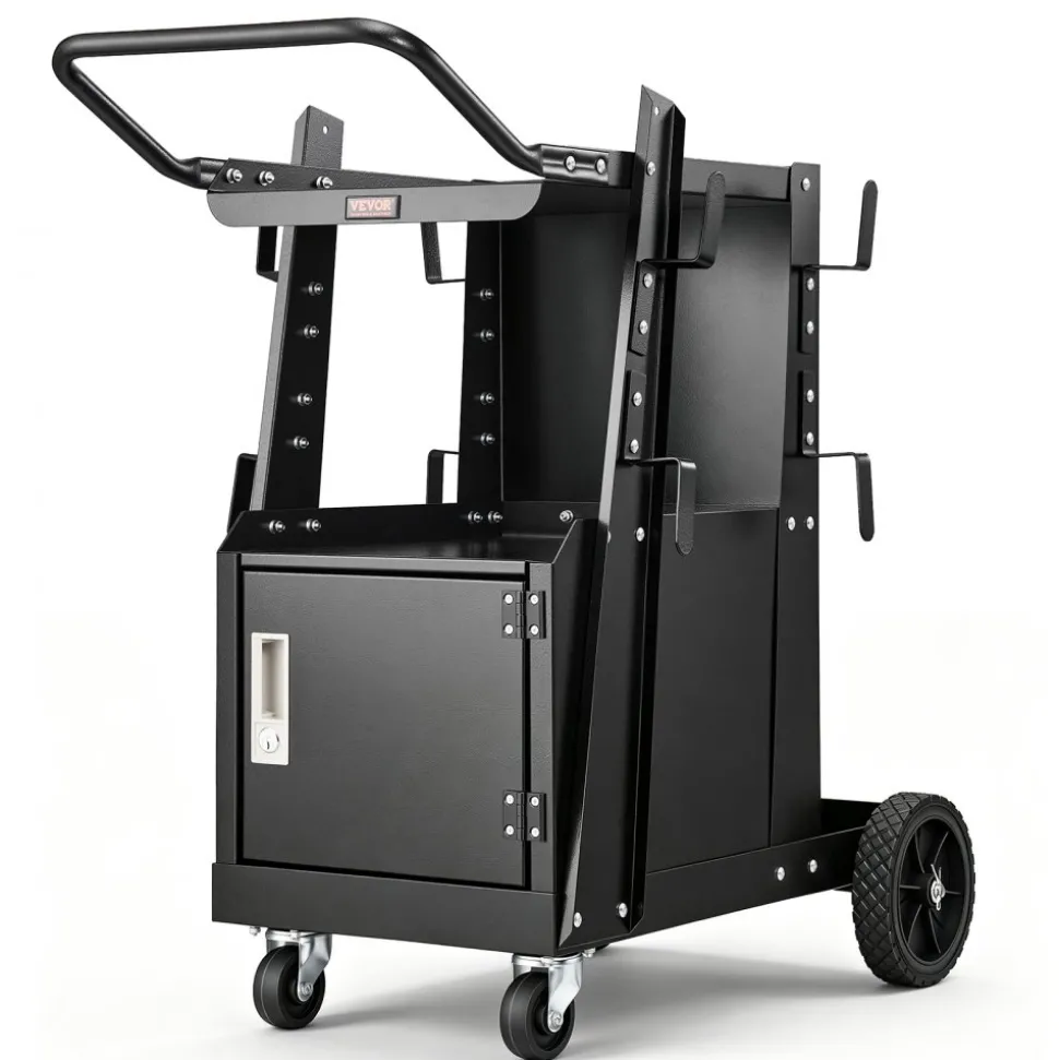 VEVOR Welding Cart, 2-Tier Heavy Duty Welder Cart with Anti-Theft Lockable Cabinet, 265LBS Weight Capacity, 360° Swivel Wheels, Tank Storage Safety Chains, Welding Cabinet for TIG, ARC, Plasma Cutter