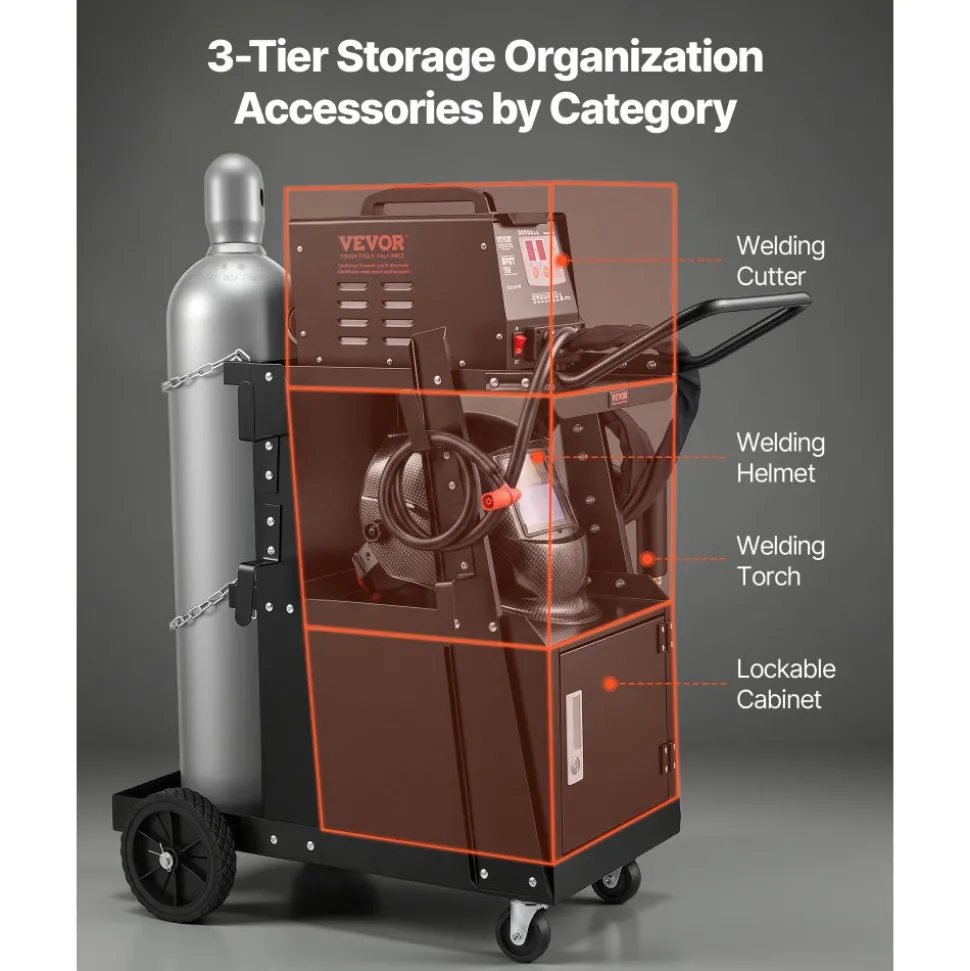 VEVOR Welding Cart, 2-Tier Heavy Duty Welder Cart with Anti-Theft Lockable Cabinet, 265LBS Weight Capacity, 360° Swivel Wheels, Tank Storage Safety Chains, Welding Cabinet for TIG, ARC, Plasma Cutter