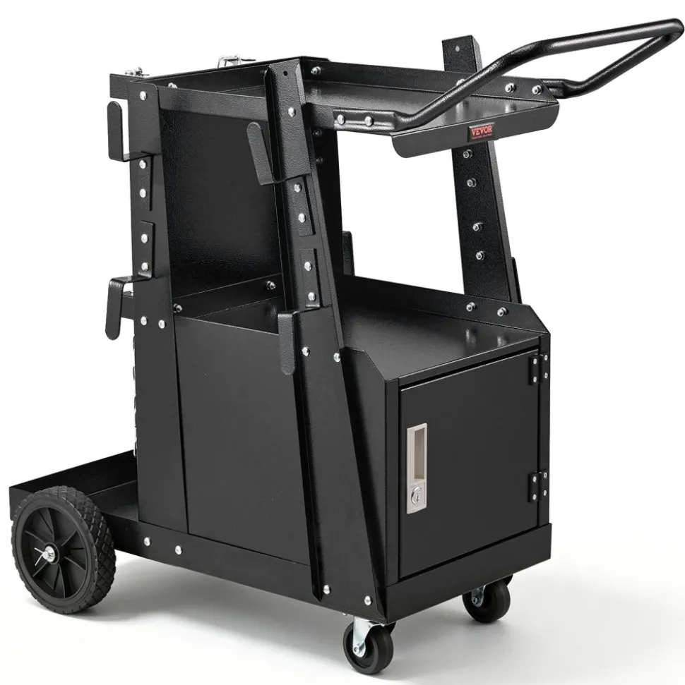 VEVOR Welding Cart, 2-Tier Heavy Duty Welder Cart with Anti-Theft Lockable Cabinet, 265LBS Weight Capacity, 360° Swivel Wheels, Tank Storage Safety Chains, Welding Cabinet for TIG, ARC, Plasma Cutter