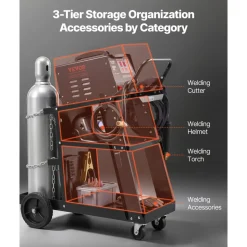 VEVOR Welding Cart, 3-Tier Welder Cart Heavy Duty with 400 Lbs Weight Capacity, 360° Swivel Wheels, Tank Storage Safety Chains, Rolling MIG Welder Cart for TIG, ARC, MMA, Plasma Cutter Welding Machine