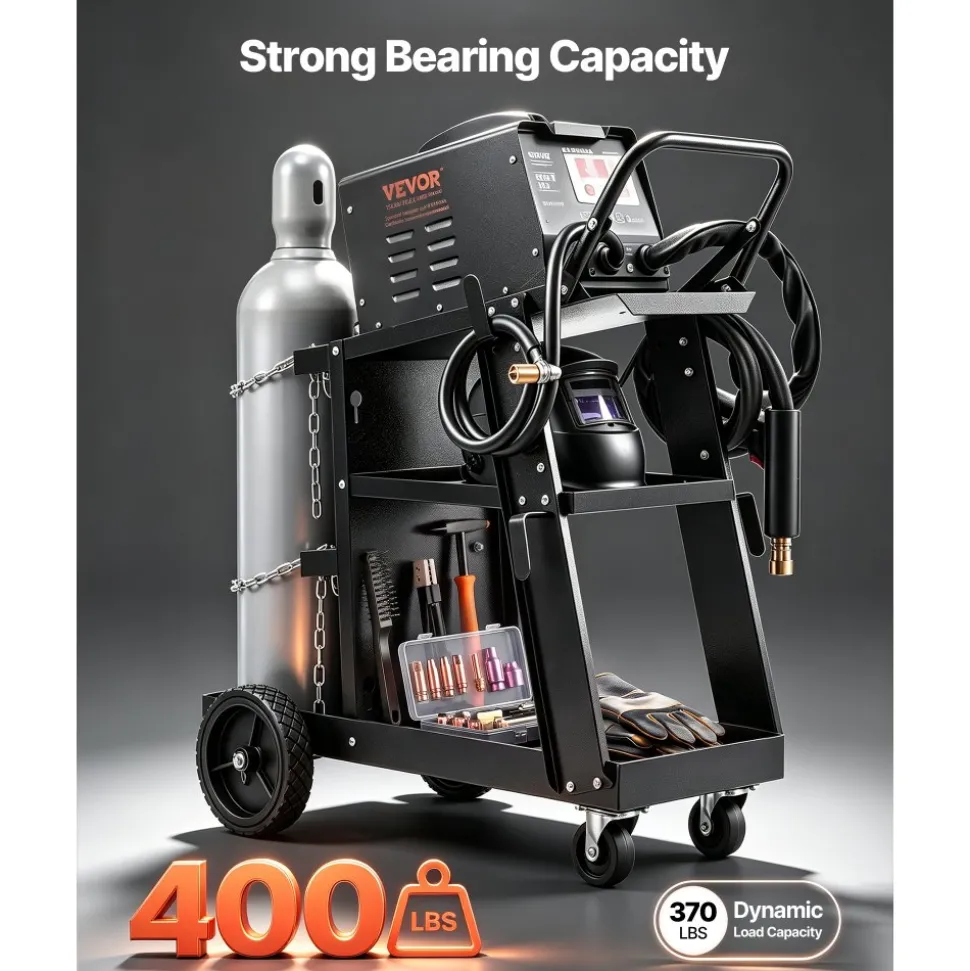 VEVOR Welding Cart, 3-Tier Welder Cart Heavy Duty with 400 Lbs Weight Capacity, 360° Swivel Wheels, Tank Storage Safety Chains, Rolling MIG Welder Cart for TIG, ARC, MMA, Plasma Cutter Welding Machine