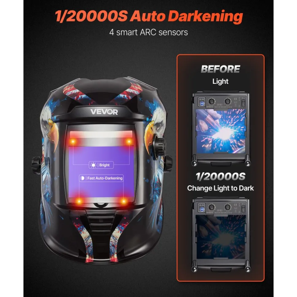 VEVOR Welding Helmet Auto Darkening, 3.94" x 3.15" True Color Welding Hood, 1/1/1/1 Solar-Powered Welder Mask 4 Arc Sensors, Wide Shade 4/5-9/9-13 for TIG MIG ARC Weld Grinding Cutting - METIS Series
