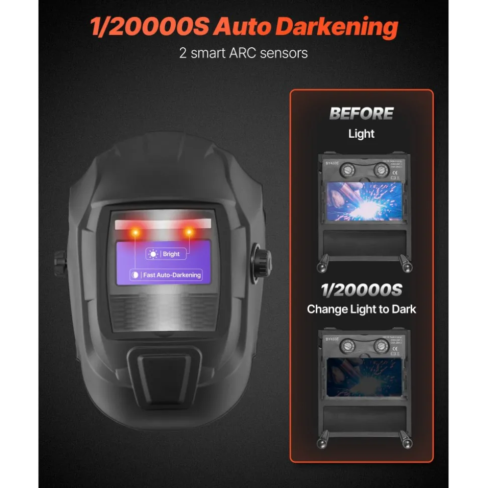 VEVOR Welding Helmet Auto Darkening, 3.66" x 1.69" True Color Welding Hood, Solar Powered Welder Mask 2 Arc Sensors, Shade 4/9-13 for TIG MIG ARC Weld Grinding - CRIUS Series (Matte Black)