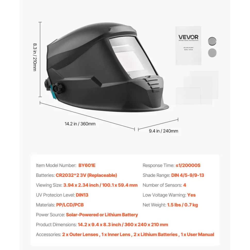 VEVOR Welding Helmet Auto Darkening, 3.94" x 2.34" True Color Welding Hood, Solar-Powered Welder Mask with 4 Arc Sensors, Wide Shade 4/5-9/9-13 for TIG MIG ARC Weld Grinding Cutting - METIS Series
