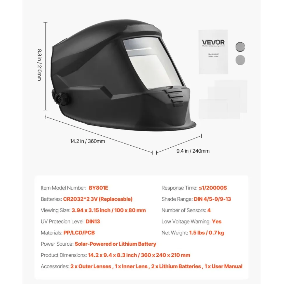 VEVOR Welding Helmet Auto Darkening, 3.94" x 3.15" True Color Welding Hood, Solar-Powered Welder Mask 4 Arc Sensors, Wide Shade 4/5-9/9-13 for TIG MIG Weld Cutting Grinding Application - METIS Series