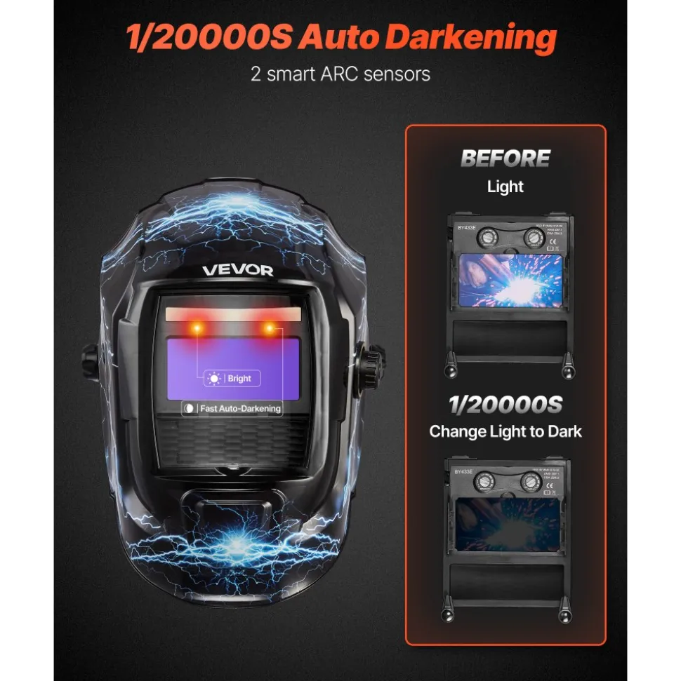 VEVOR Welding Helmet Auto Darkening, 3.66" x 1.69" True Color Welding Hood, Solar Powered Welder Mask 2 Arc Sensors, Shade 4/9-13 for TIG MIG ARC Weld Grinding - CRIUS Series (Blue Lightning Pattern)