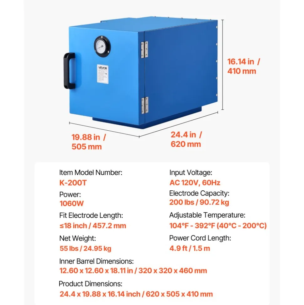 VEVOR Welding Rod Oven, 200LBS Capacity Countertop Electrodes Drying Oven 1060W 120V, 104°F - 392°F Adjustable Welding Rods Dryer for 18-inch Stick Electrode - with Locking Latch & Temperature Gauge
