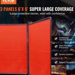 VEVOR Welding Screen with Frame, 6' x 6' 3 Panel Welding Curtain Screens, Flame-Resistant Vinyl Welding Protection Screen on 12 Swivel Wheels (6 Lockable), Moveable & Professional for Workshop, Red