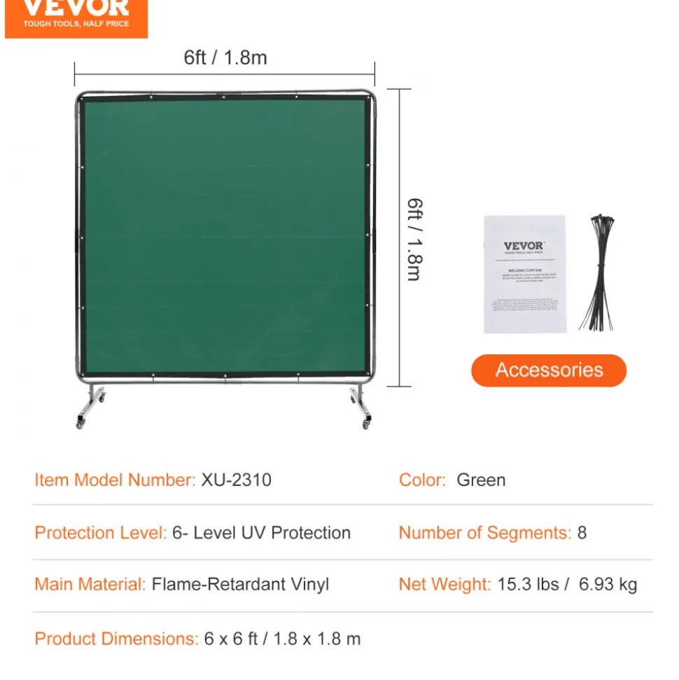 VEVOR Welding Screen with Frame, 6' x 6' Welding Curtain Screen, Flame-Resistant Vinyl Welding Protection Screen on 4 Swivel Wheels (2 Lockable), Moveable & Professional for Workshop/Industrial, Green