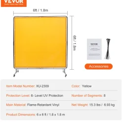 VEVOR Welding Screen with Frame, 6' x 6' Welding Curtain Screen, Flame-Resistant Vinyl Welding Protection Screen on 4 Swivel Wheel (2 Lockable), Moveable & Professional for Workshop/Industrial, Yellow