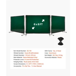 VEVOR Welding Screen with Frame, 3-Panel 6 x 8 FT Welding Curtain Screen, Flame-Resistant Vinyl Safety Protection Screens with 12 Wheels & 6-Level UV Protection for Workshop/Industrial Use, Dark Green