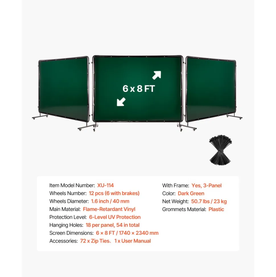 VEVOR Welding Screen with Frame, 3-Panel 6 x 8 FT Welding Curtain Screen, Flame-Resistant Vinyl Safety Protection Screens with 12 Wheels & 6-Level UV Protection for Workshop/Industrial Use, Dark Green