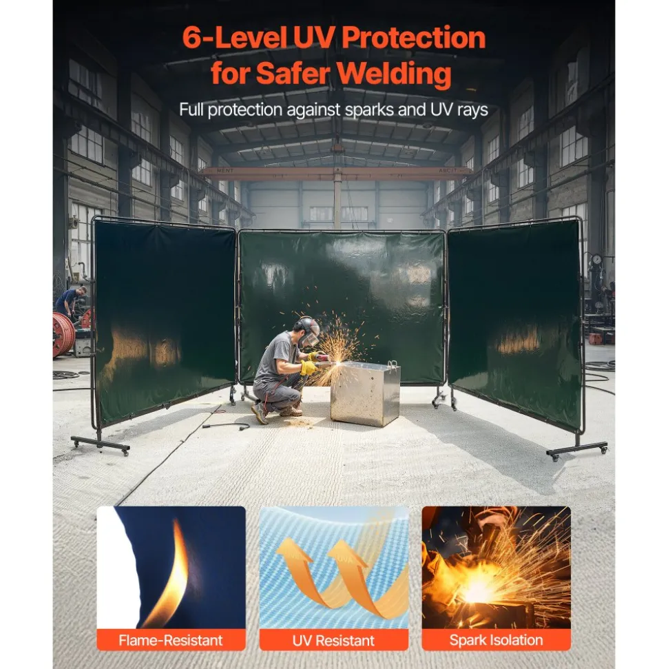 VEVOR Welding Screen with Frame, 3-Panel 6 x 8 FT Welding Curtain Screen, Flame-Resistant Vinyl Safety Protection Screens with 12 Wheels & 6-Level UV Protection for Workshop/Industrial Use, Dark Green