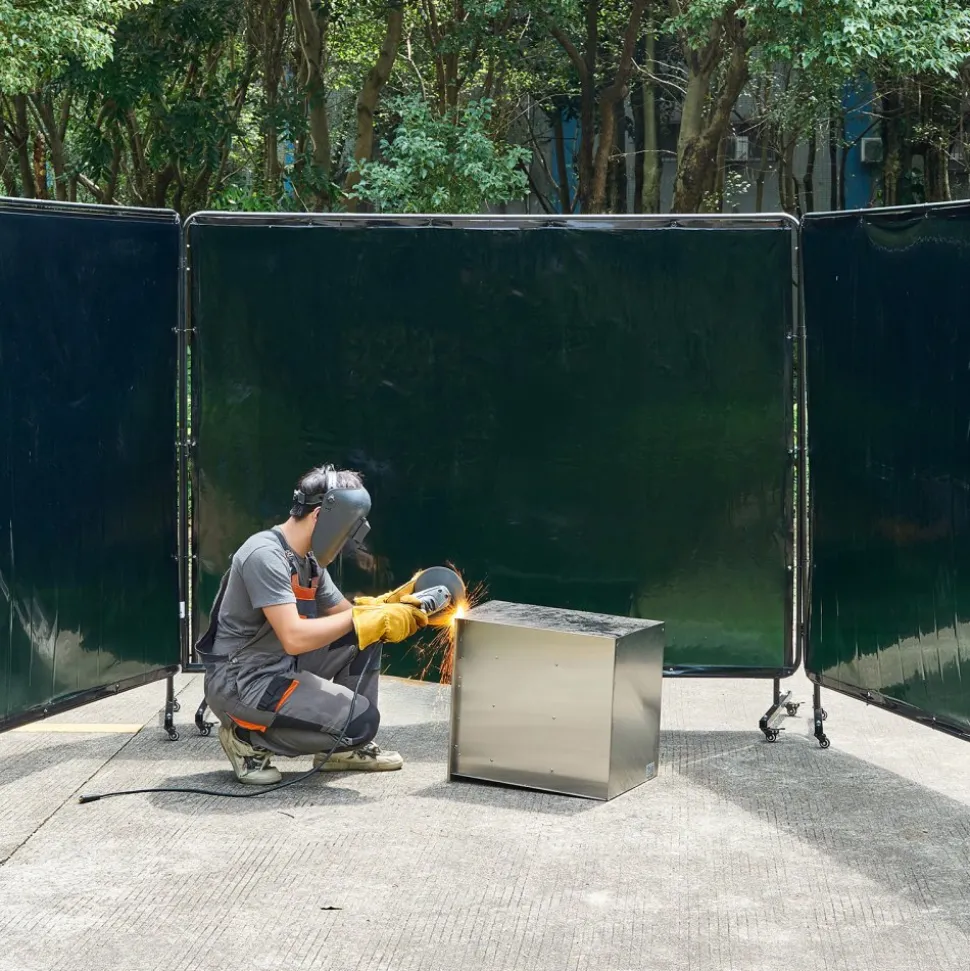 VEVOR Welding Screen with Frame, 3-Panel 6 x 8 FT Welding Curtain Screen, Flame-Resistant Vinyl Safety Protection Screens with 12 Wheels & 6-Level UV Protection for Workshop/Industrial Use, Dark Green