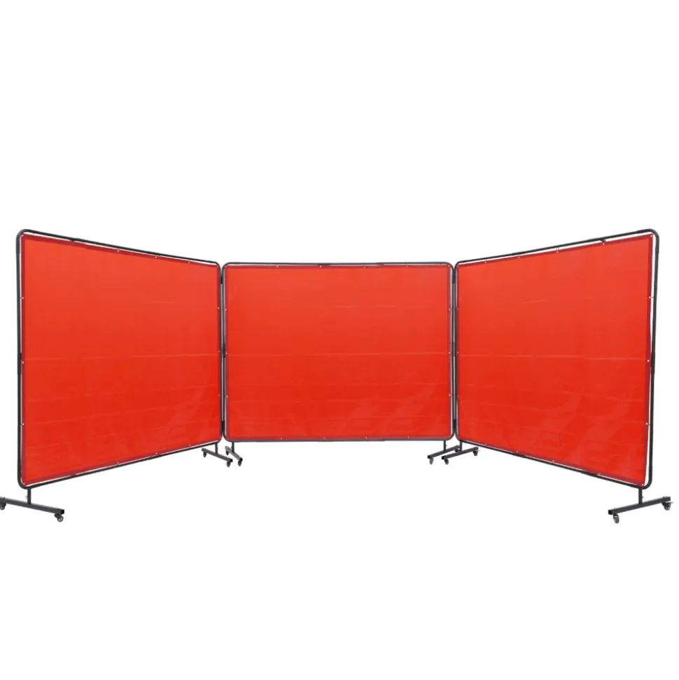 VEVOR Welding Screen with Frame, 6' x 8' 3 Panel Welding Curtain Screens, Flame-Resistant Vinyl Welding Protection Screen on 12 Swivel Wheels (6 Lockable), Moveable & Professional for Workshop, Red