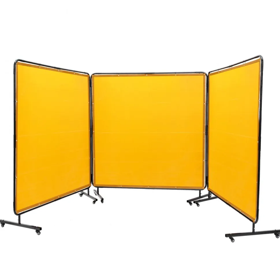 VEVOR Welding Screen with Frame, 6' x 6' 3 Panel Welding Curtain Screens, Flame-Resistant Vinyl Welding Protection Screen on 12 Swivel Wheels (6 Lockable), Moveable & Professional for Workshop, Yellow