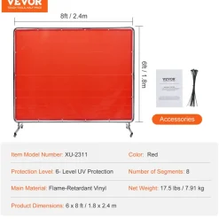 VEVOR Welding Screen with Frame, 6' x 8' Welding Curtain Screen, Flame-Resistant Vinyl Welding Protection Screen on 4 Swivel Wheels (2 Lockable), Moveable & Professional for Workshop/Industrial, Red